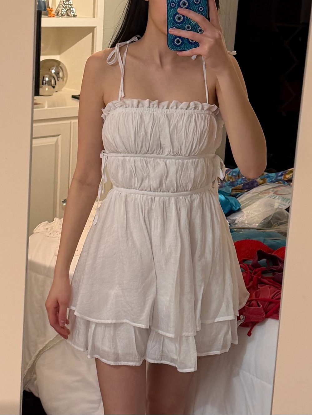 Hello Molly White Smocked Ruffle Mini Slip Dress